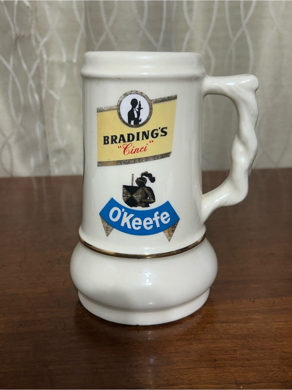 Brading's O'Keefe White Ceramic Beer Stein with Gold Accent